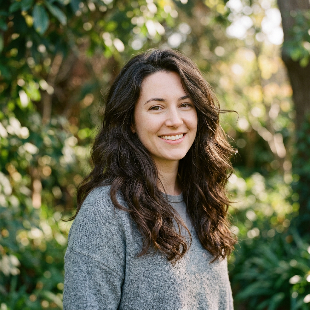 Smiling young woman with dark curly hair wearing a grey sweater standing outdoors with green foliage behind her.